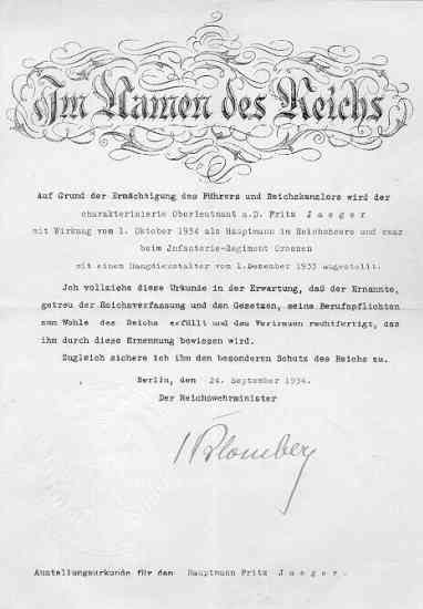 Ernennungsurkunde von Fritz Jger zum Hauptmann der Reichswehr, handschriftlich unterzeichnet von Reichswehrminister von Blomberg