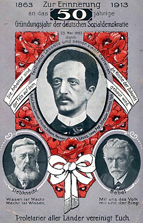 Jubilumsplakat der SPD: Karl Liebknecht, Ferdinand Lassalle und August Bebel