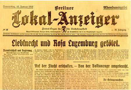Zeitungsartikel ber die Schock-Nachricht  Berliner Lokalanzeiger den 16. Januar 1919