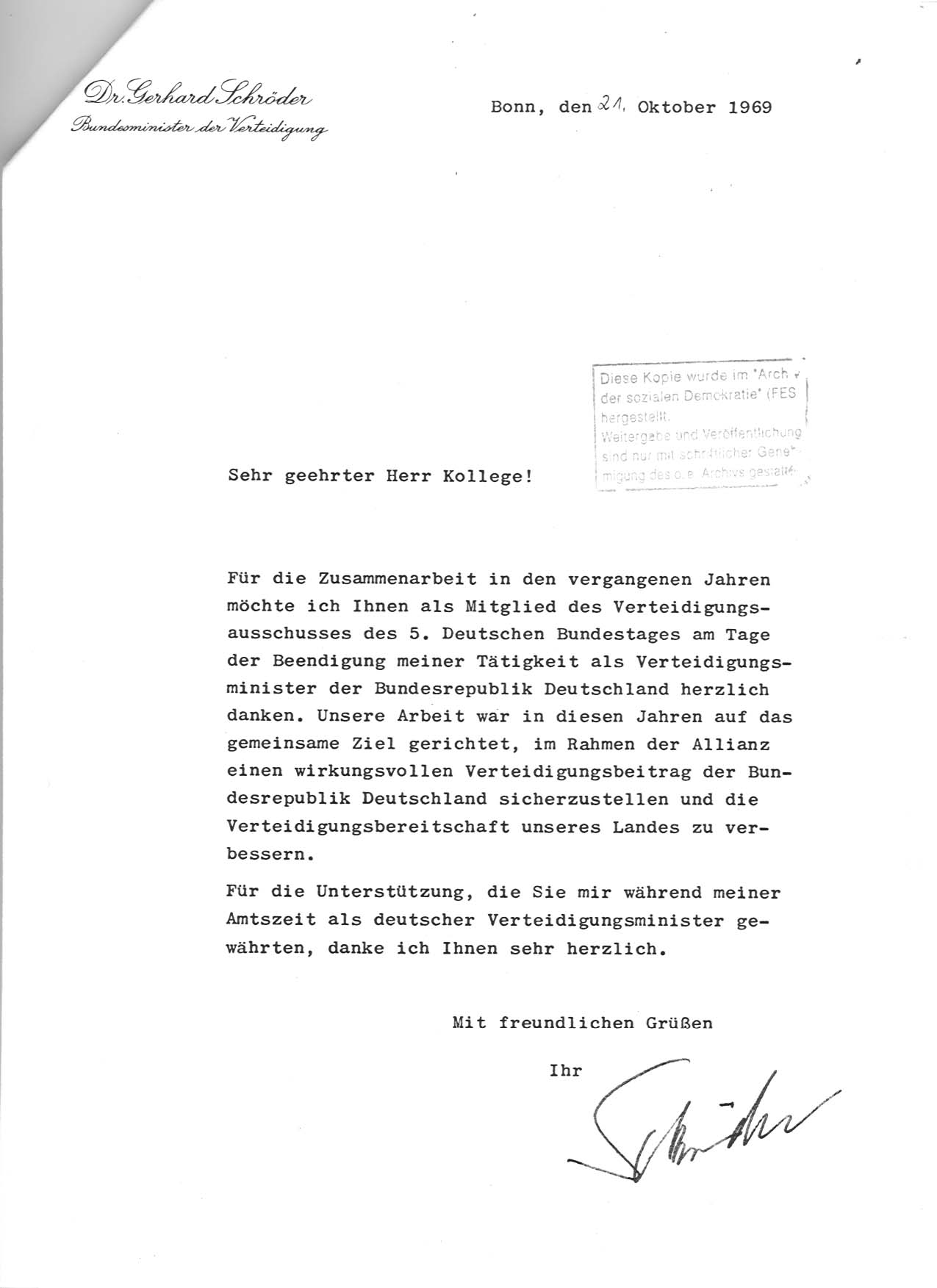 Brief des Verteidigungsministers Schrder zum Ende seiner Ttigkeit an Josef Felder